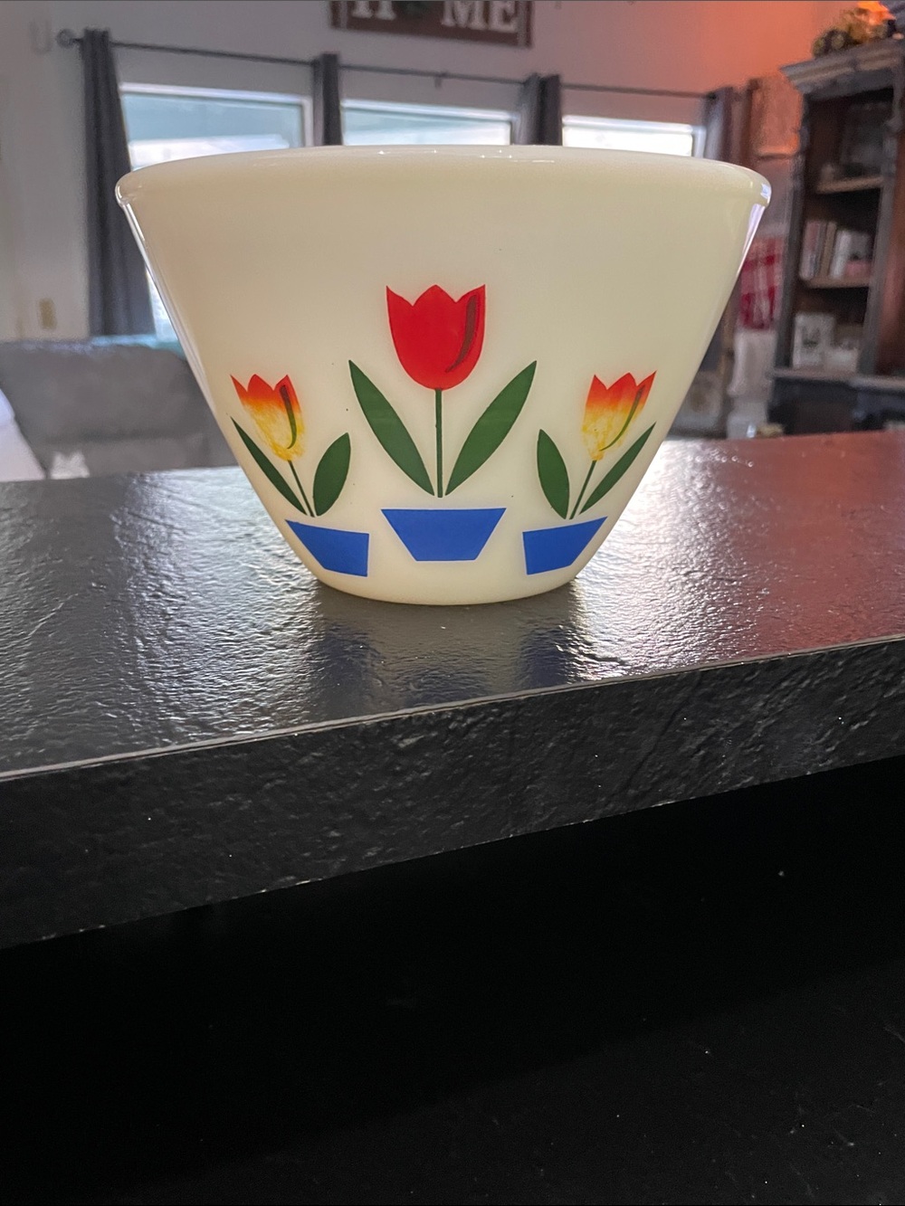 Fire King Milk Glass Floral Tulip Bowl in White with Red & Blue Accents